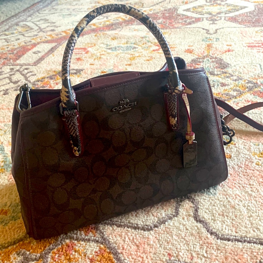 Dark Brown and burgundy Coach Signature handbag - Picture 1 of 6